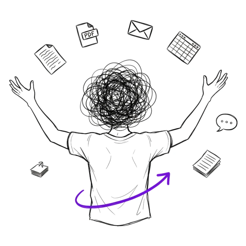 Ilustración: una persona rodeada de documentos, correos y planillas, con la cabeza hecha un nudo.