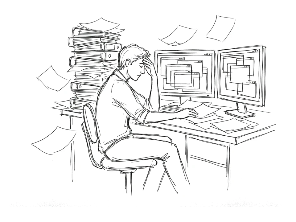 Ilustración: una persona en su escritorio, tapada por una torre de carpetas y papeles sueltos, con dos monitores llenos de ventanas.
