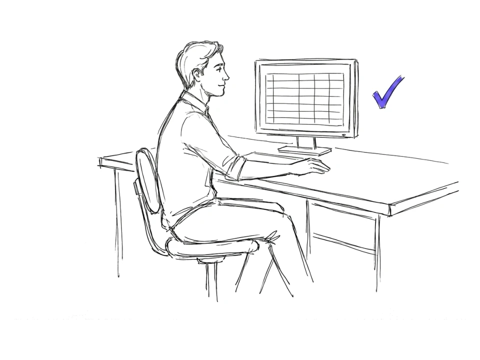 Ilustración: la misma persona en el mismo escritorio, ahora despejado, frente a un solo monitor con una tabla ordenada.