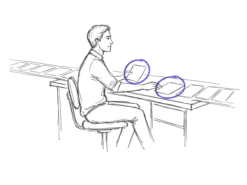 Ilustración: una persona sentada frente a un flujo de documentos que pasa de largo; sólo dos quedan sobre el escritorio, marcados.